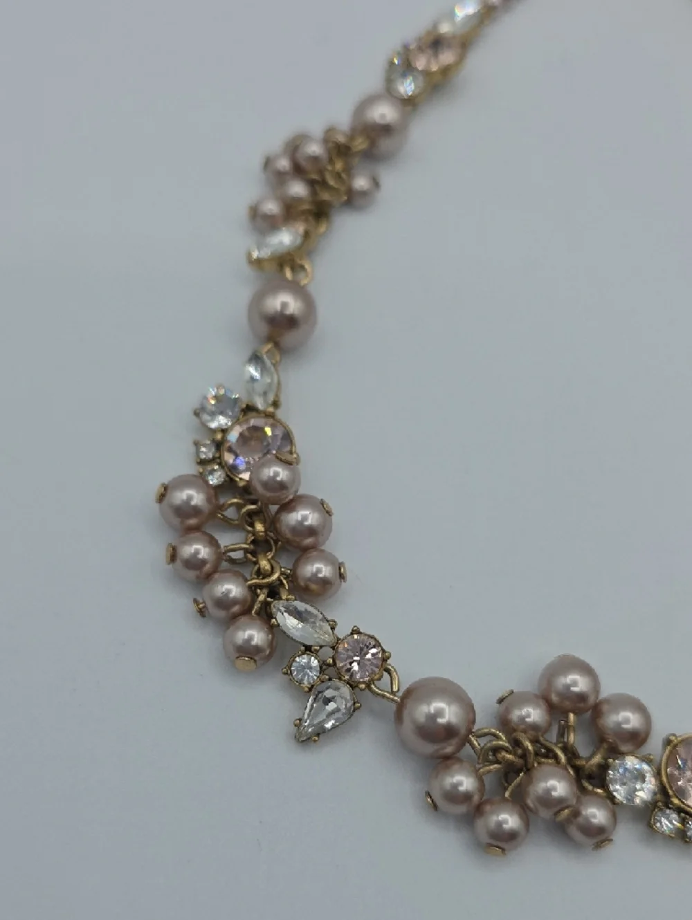 J. Crew Gold-Tone Necklace with Blush Pearl Clusters and Clear Crystals